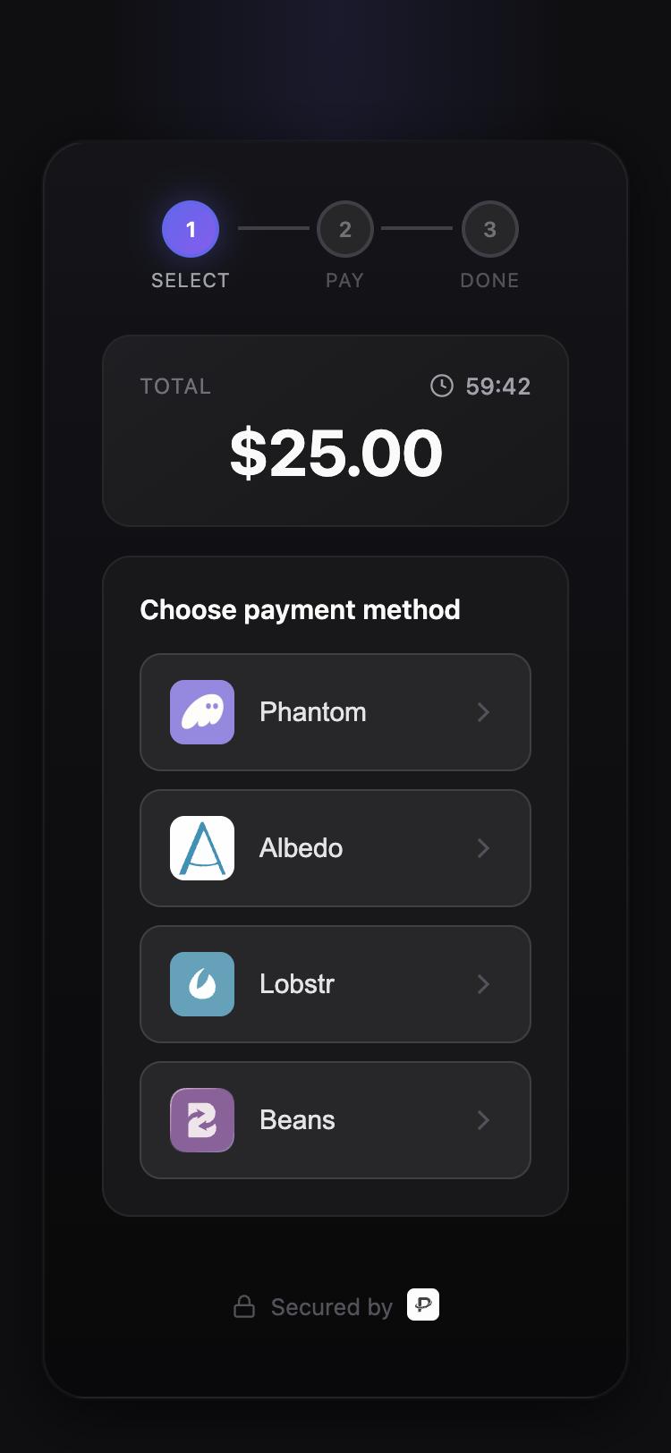 The hosted checkout on a phone: amount, countdown and wallet list
