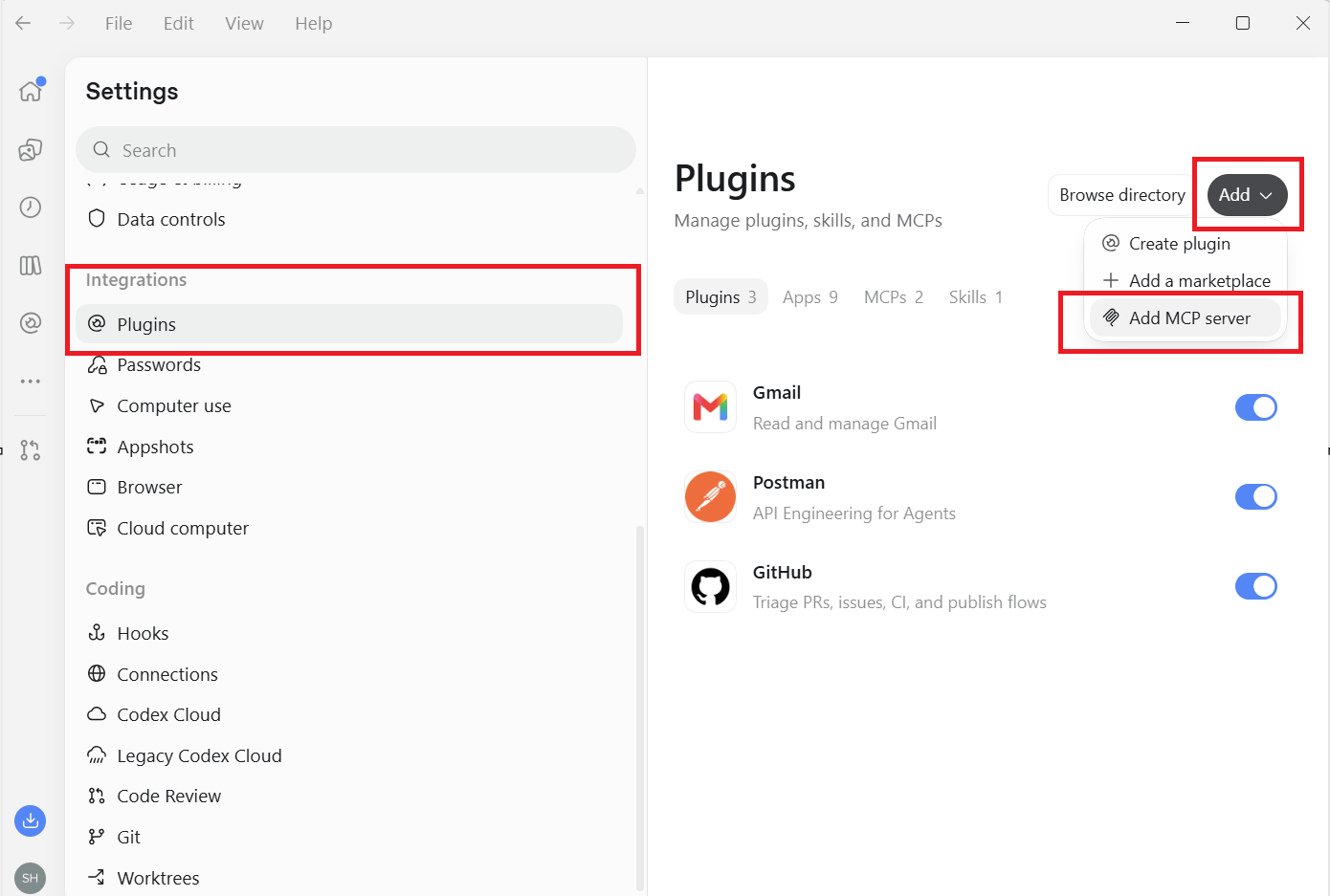 Desktop app Settings showing Plugins and the Add dropdown with Add MCP server highlighted