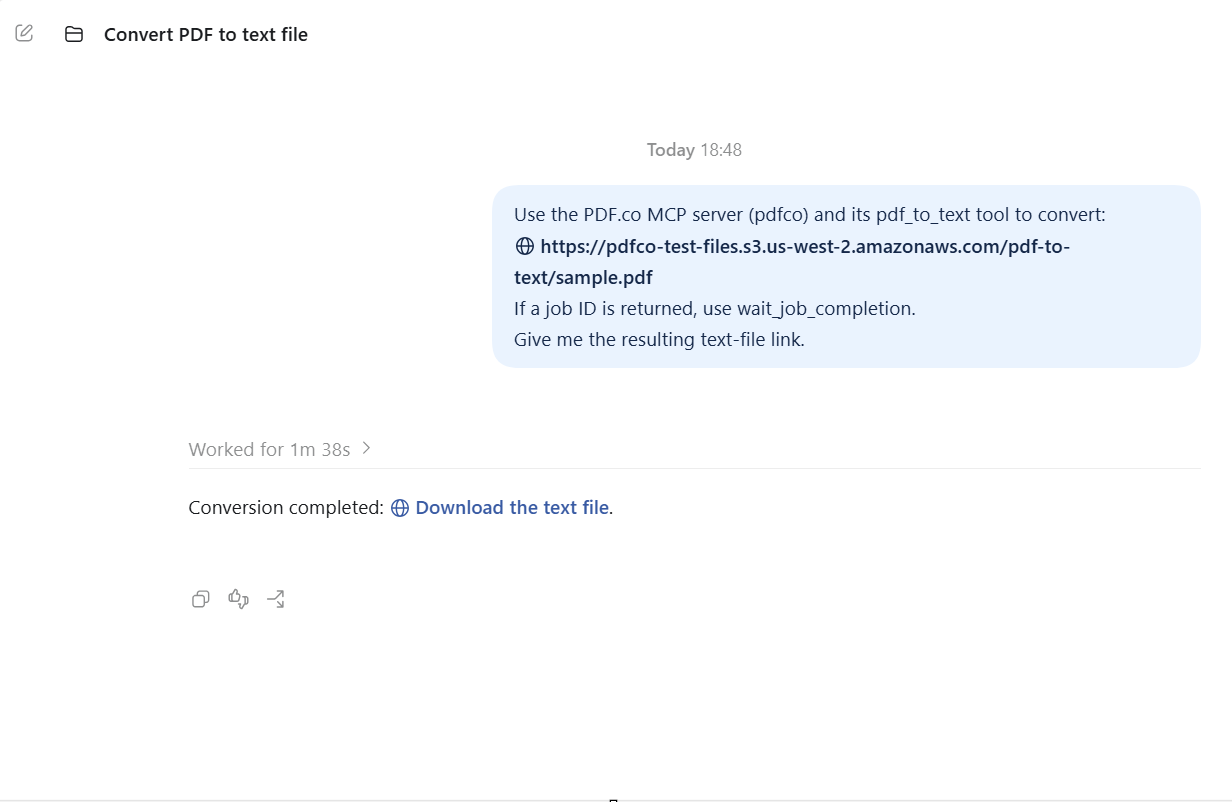 Desktop conversation showing the PDF.co MCP conversion prompt and a completed text-file download link