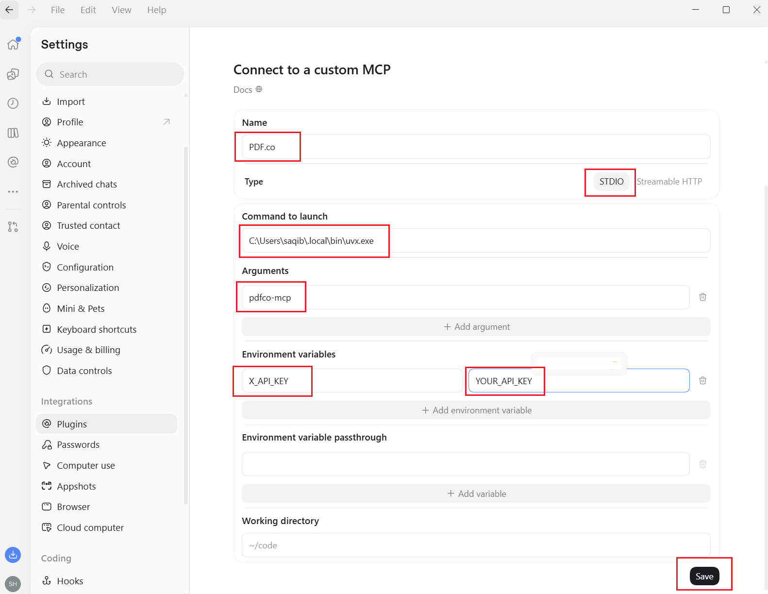 Desktop Add MCP server form showing STDIO, uvx.exe, the pdfco-mcp argument, and X_API_KEY with a placeholder value