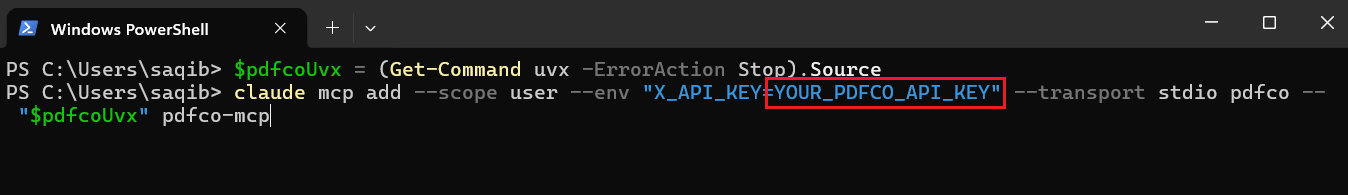 PowerShell command registering pdfco with user scope, STDIO transport, the resolved uvx path, and an X_API_KEY placeholder