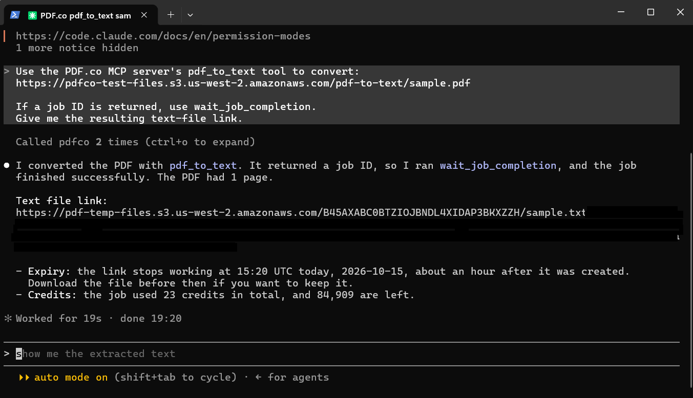 Claude Code showing the sample conversion prompt, two PDF.co calls, and a reported successful conversion using pdf_to_text and wait_job_completion