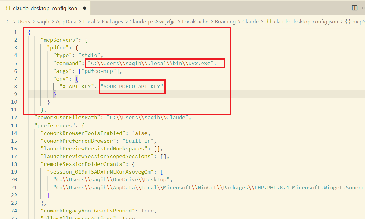 claude_desktop_config.json with the mcpServers object, absolute uvx.exe path, pdfco-mcp argument, and placeholder API key highlighted