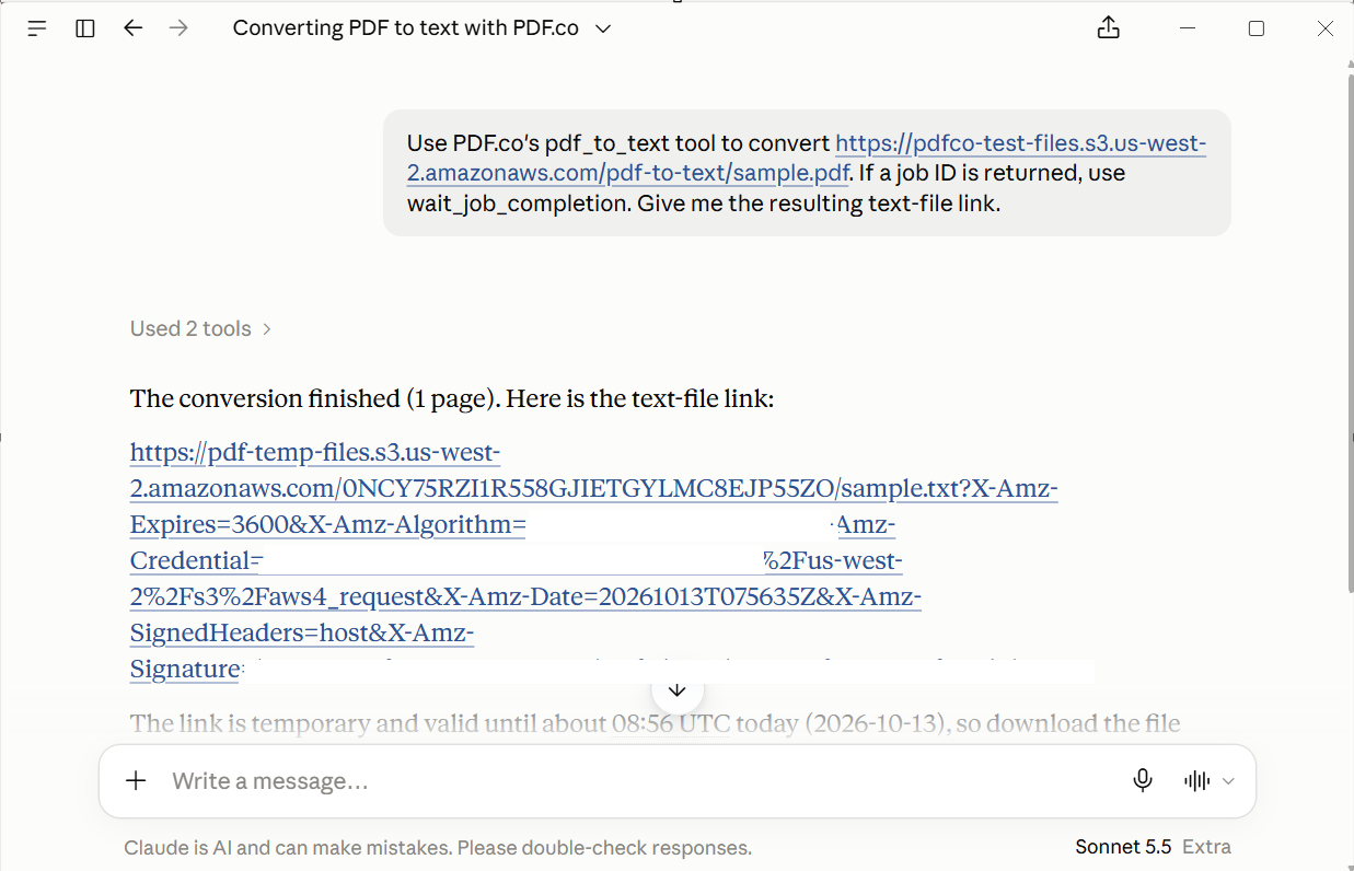 Claude Desktop showing the sample PDF-to-text prompt, two tool calls, and a completed one-page conversion with a redacted output link