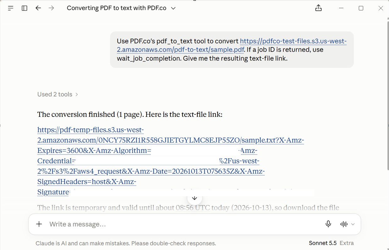 Claude Desktop showing the sample PDF-to-text prompt, two tool calls, and a completed one-page conversion with a redacted output link
