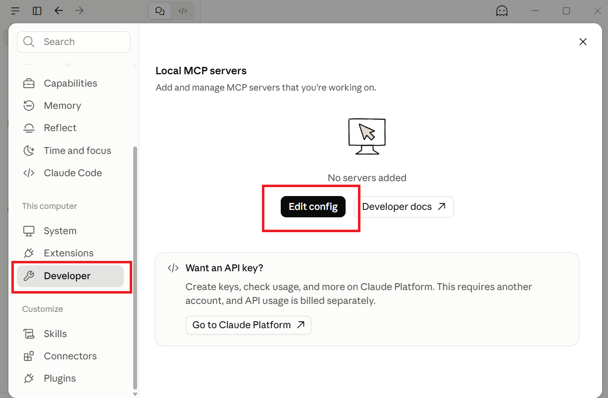 Claude Desktop Developer settings with the Edit config button highlighted