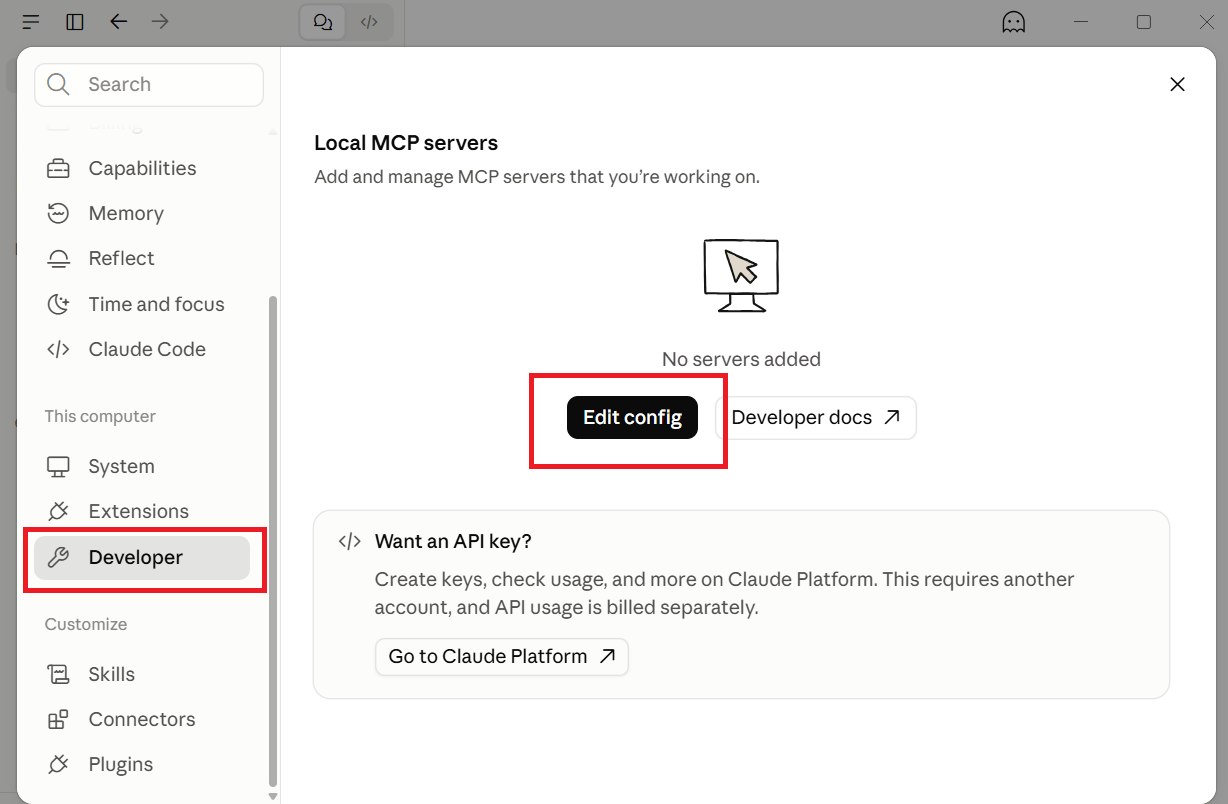 Claude Desktop Developer settings with the Edit config button highlighted