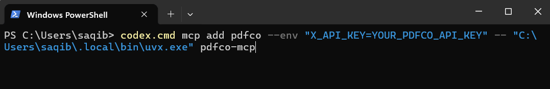 PowerShell command adding the pdfco MCP server with X_API_KEY and an absolute path to uvx.exe