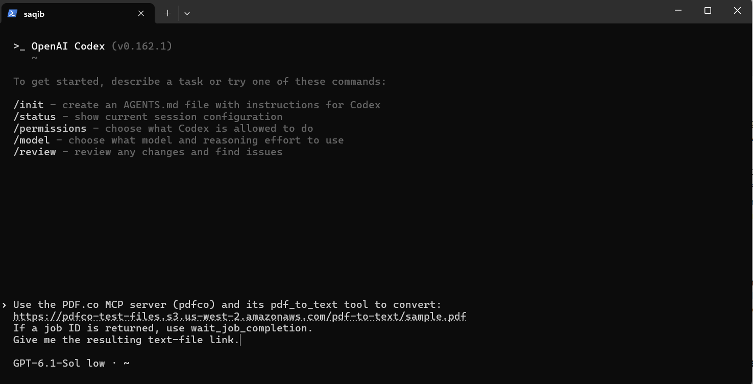 Codex CLI showing one prompt requesting PDF.co conversion and job completion