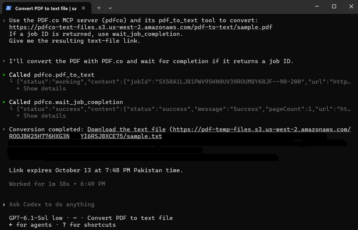 Codex CLI calling pdf_to_text followed by wait_job_completion and showing a successful one-page conversion with the signed URL credentials redacted