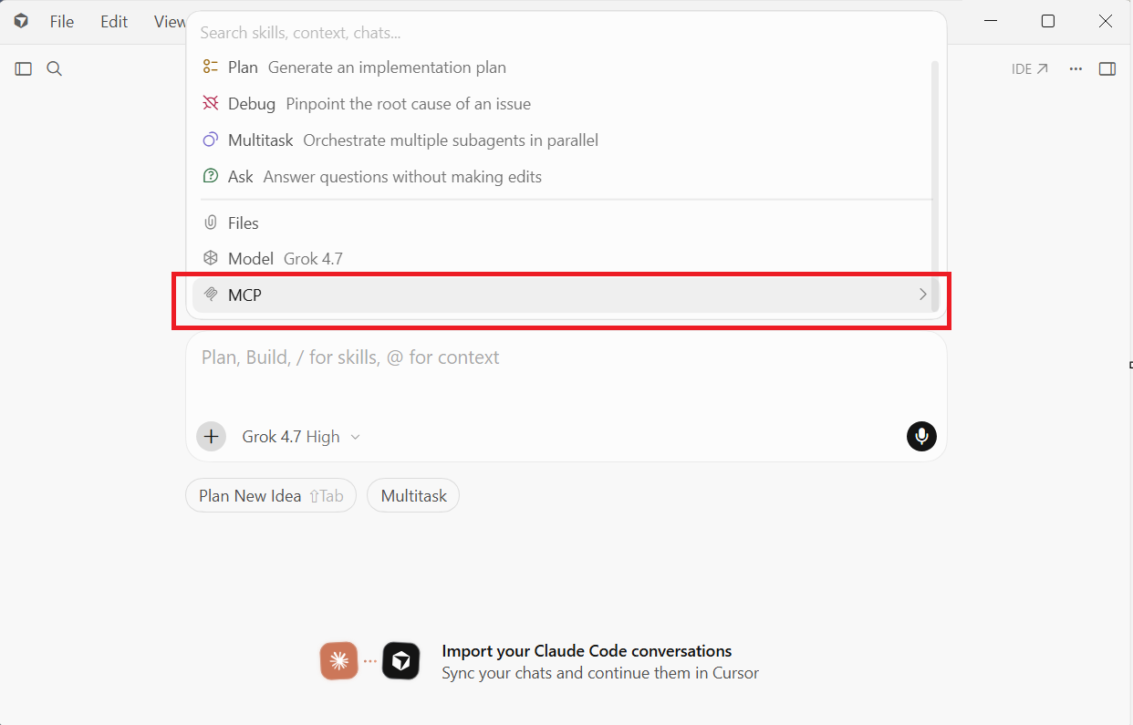 Cursor chat context menu with the MCP option highlighted