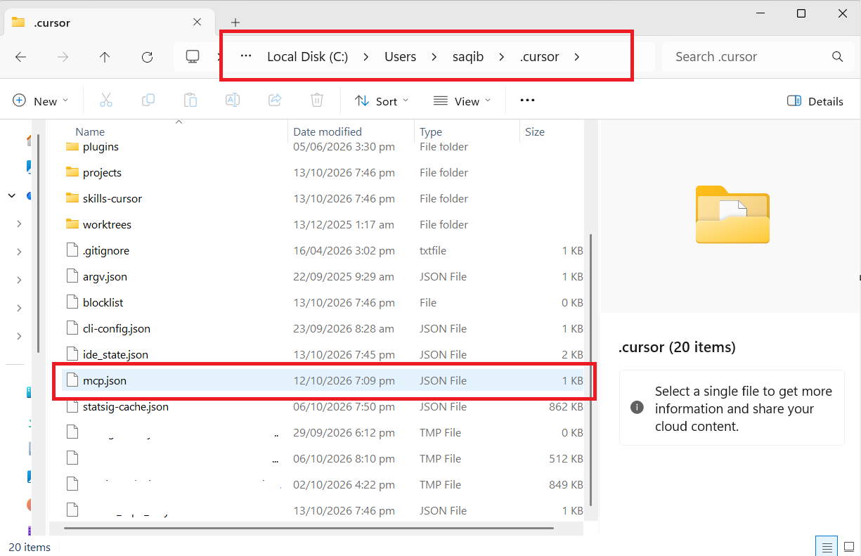 Windows File Explorer showing mcp.json inside the user .cursor directory