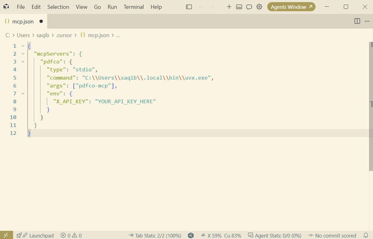 Cursor editing the personal mcp.json file with the pdfco command, package argument, and X_API_KEY environment variable