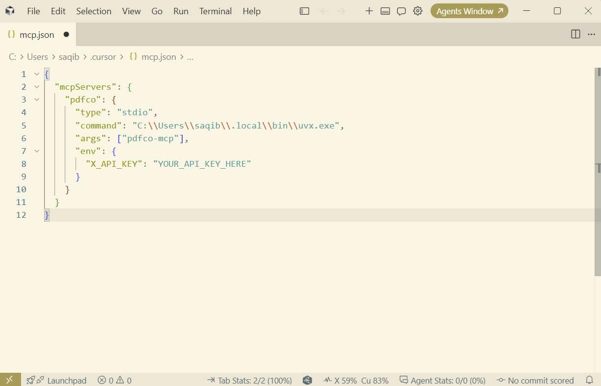 Cursor editing the personal mcp.json file with the pdfco command, package argument, and X_API_KEY environment variable