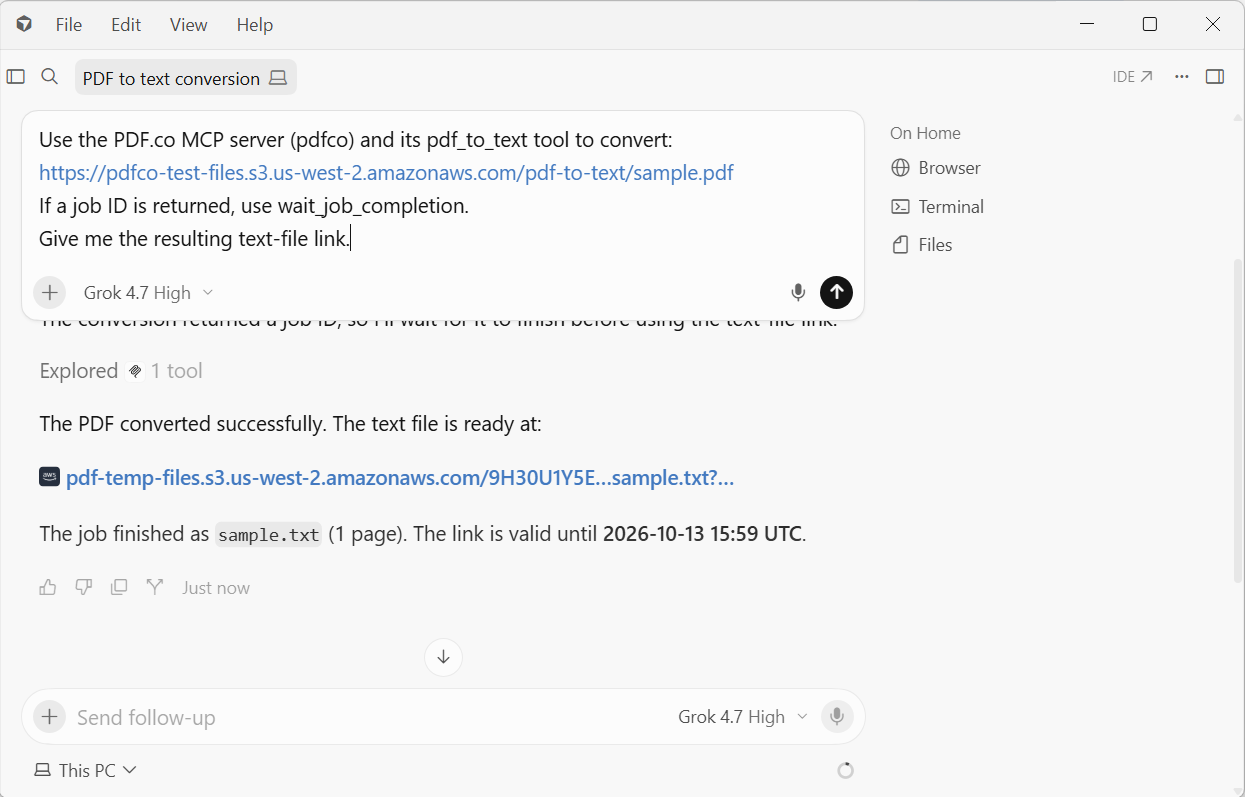 Cursor showing the PDF.co conversion prompt and a successful one-page text-file result