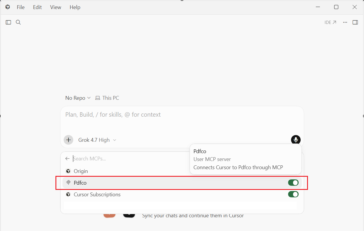 Cursor MCP menu showing Pdfco as a User MCP server with its toggle switched on