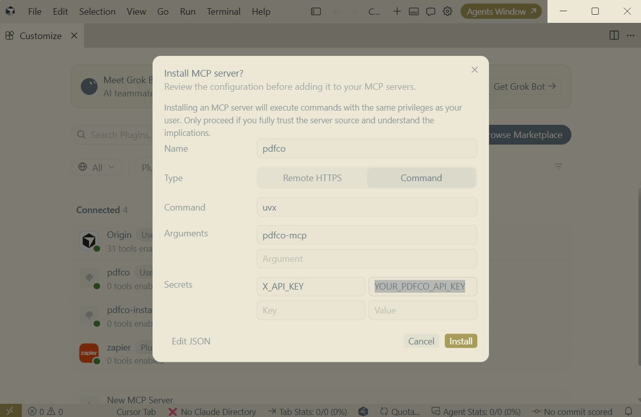 Cursor installation dialog showing pdfco, uvx, pdfco-mcp, and the editable X_API_KEY placeholder under Secrets