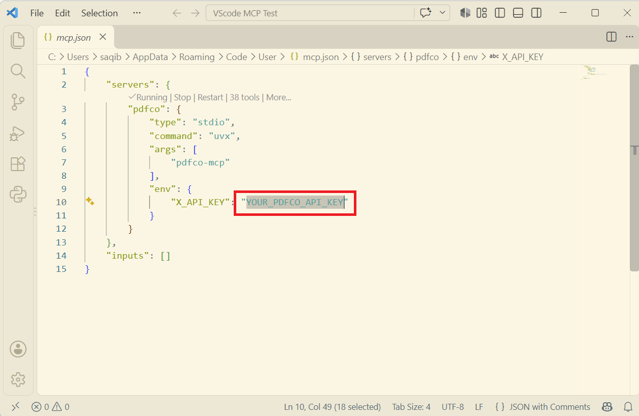 VS Code user mcp.json showing the pdfco server under servers and its X_API_KEY placeholder selected for replacement