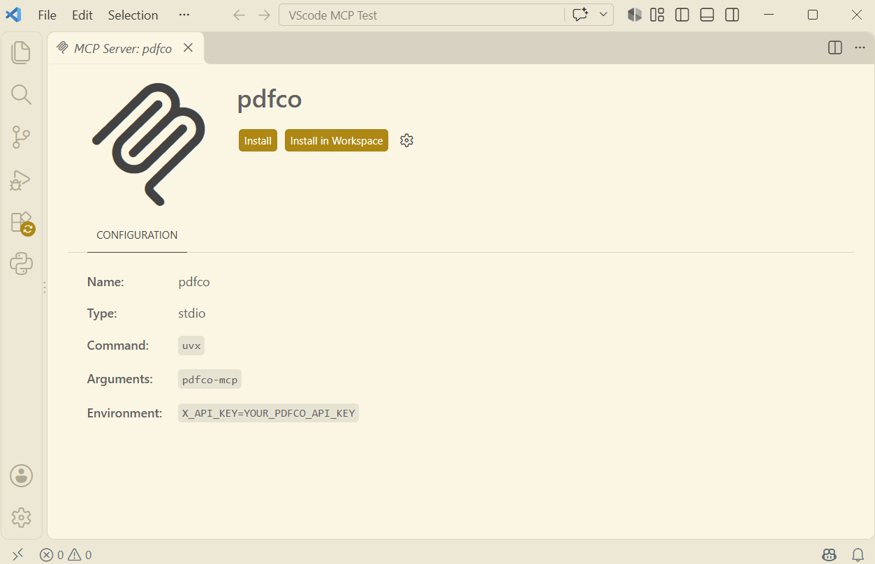 VS Code PDF.co MCP details page showing Install and Install in Workspace buttons and the placeholder server configuration