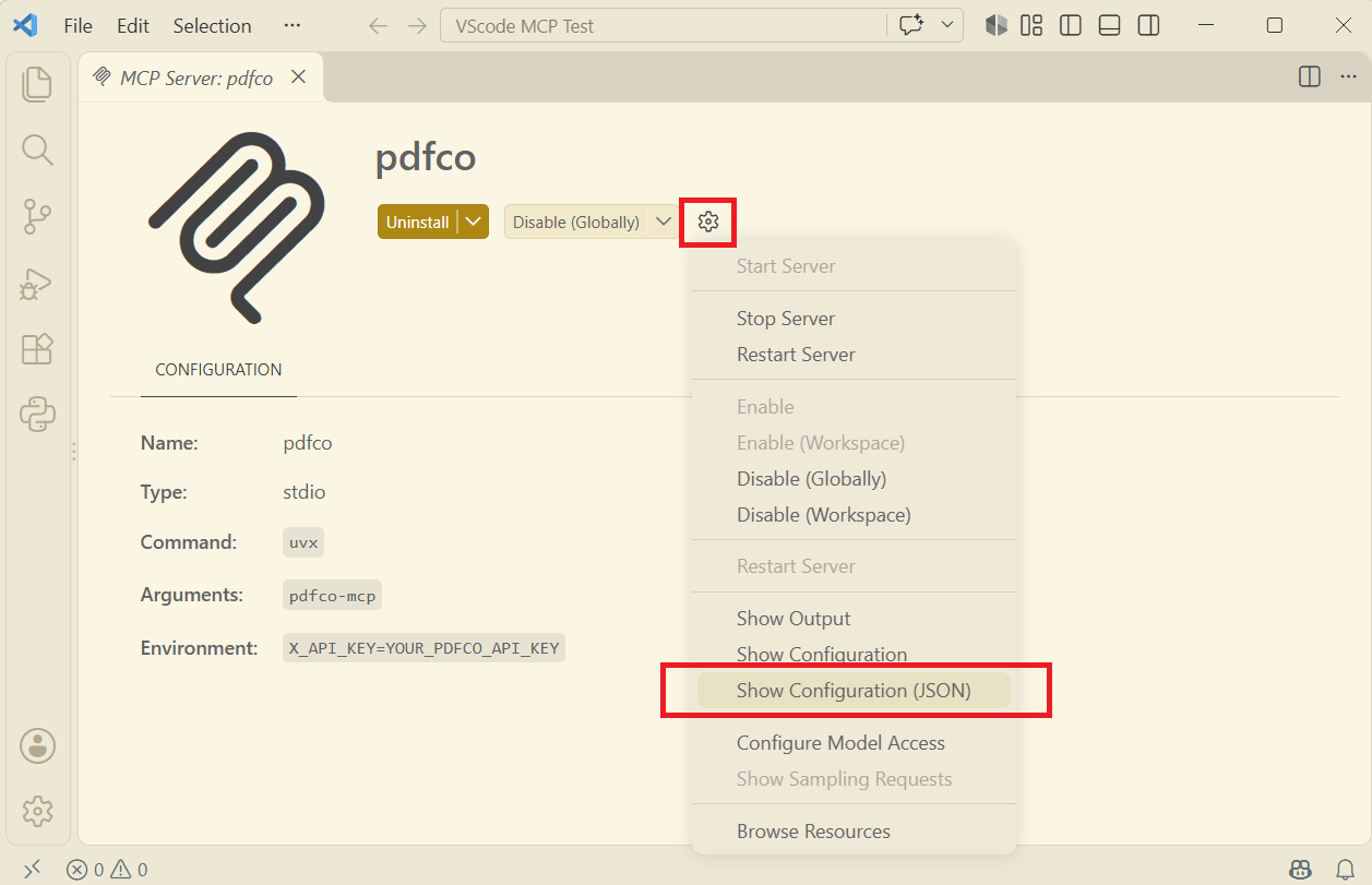 Installed PDF.co MCP server in VS Code with the gear menu open and Show Configuration (JSON) highlighted