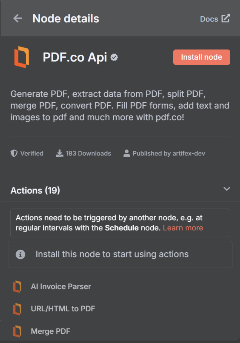 Click on the “PDF.co” node, and in the node details window, click the “Install Node” button.
