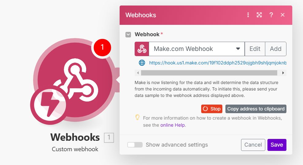 Make.com - Copy Webhook URL
