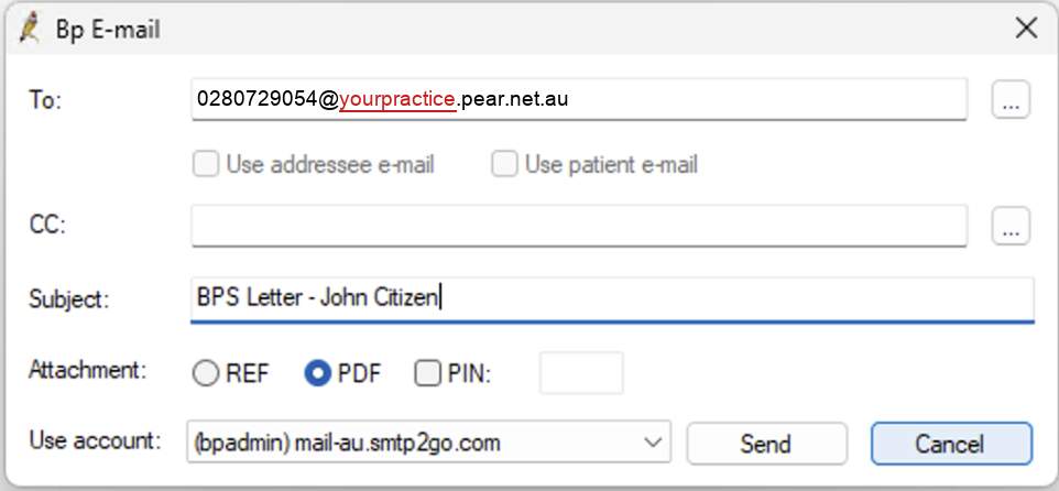 The Bp E-mail window with 0280729054@yourpractice.pear.net.au in the To field, a subject, PDF selected as the attachment and PIN left unticked
