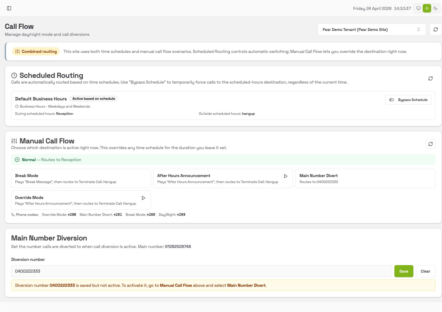 Inbound Call Routing page showing Scheduled Routing, Manual Call Flow, and Main Number Diversion sections