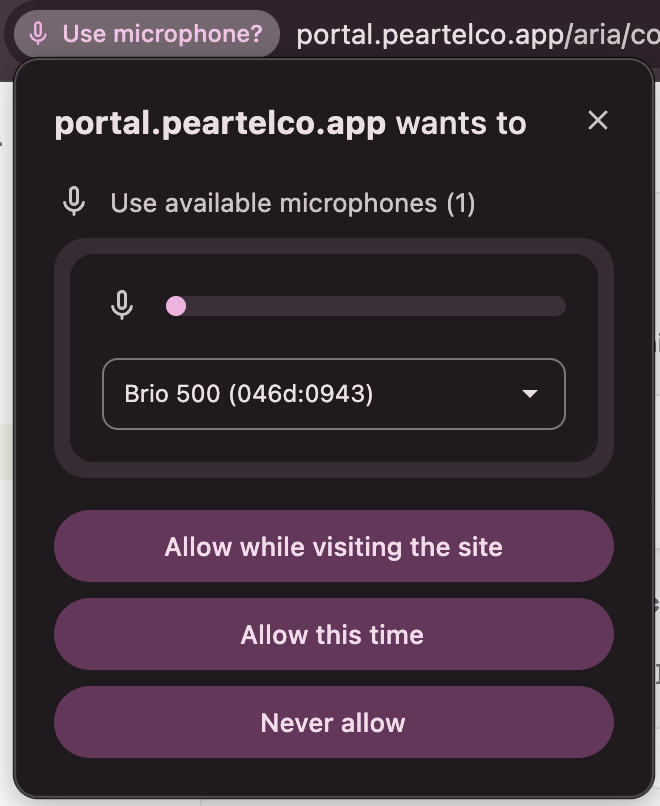 Chrome box saying portal.peartelco.app wants to use available microphones, showing the microphone in use and the buttons Allow while visiting the site, Allow this time and Never allow
