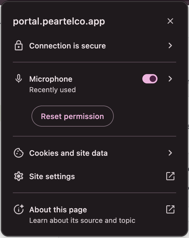 Chrome site settings for portal.peartelco.app with Microphone switched on and a Reset permission button