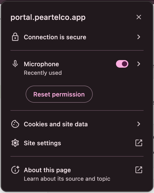 Chrome site settings for portal.peartelco.app with Microphone switched on and a Reset permission button
