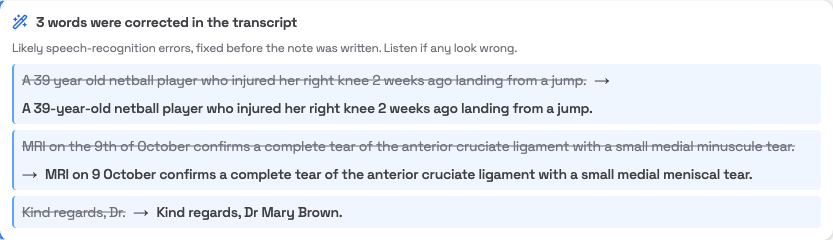 3 words were corrected in the transcript panel, showing each original sentence crossed out and the corrected version beside it