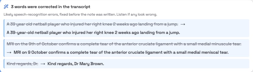 3 words were corrected in the transcript panel, showing each original sentence crossed out and the corrected version beside it