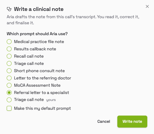 Write a clinical note window with Referral letter to a specialist selected and a Write note button