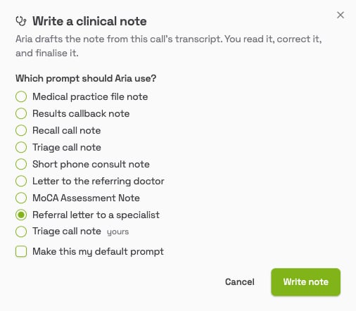 Write a clinical note window with Referral letter to a specialist selected and a Write note button