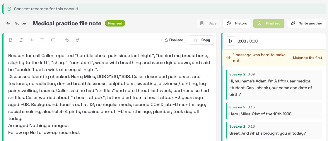 A finalised note with a green Finalised badge and the Copy button available