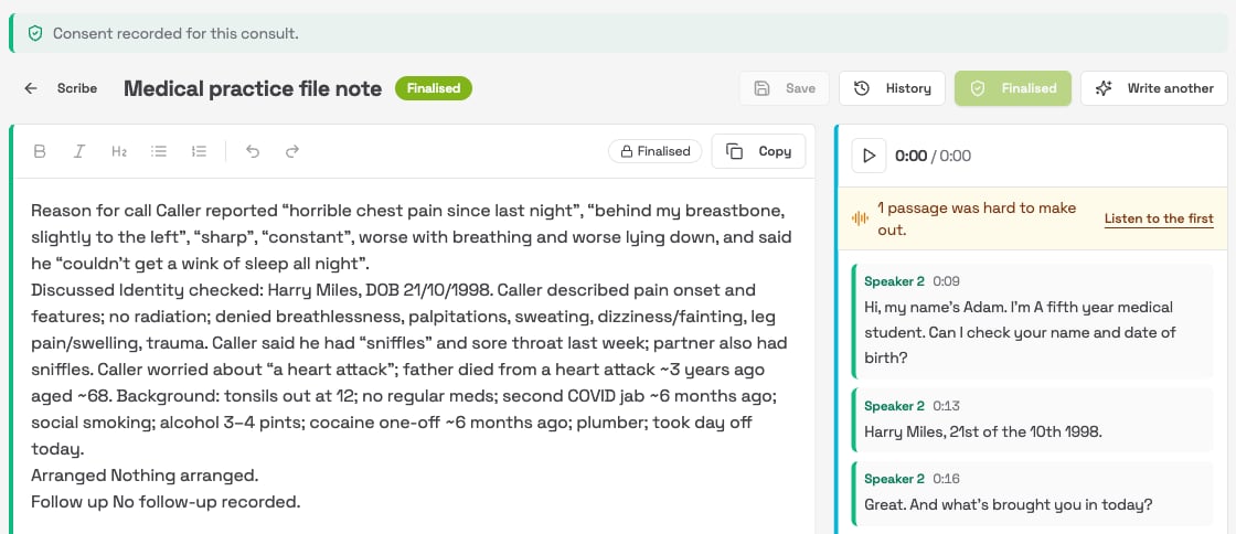 A finalised note with a green Finalised badge and the Copy button available