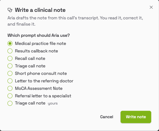 Write a clinical note window asking Which prompt should Aria use, with Medical practice file note selected and a Write note button