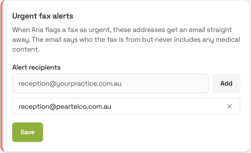 Urgent fax alerts card with an alert recipients list