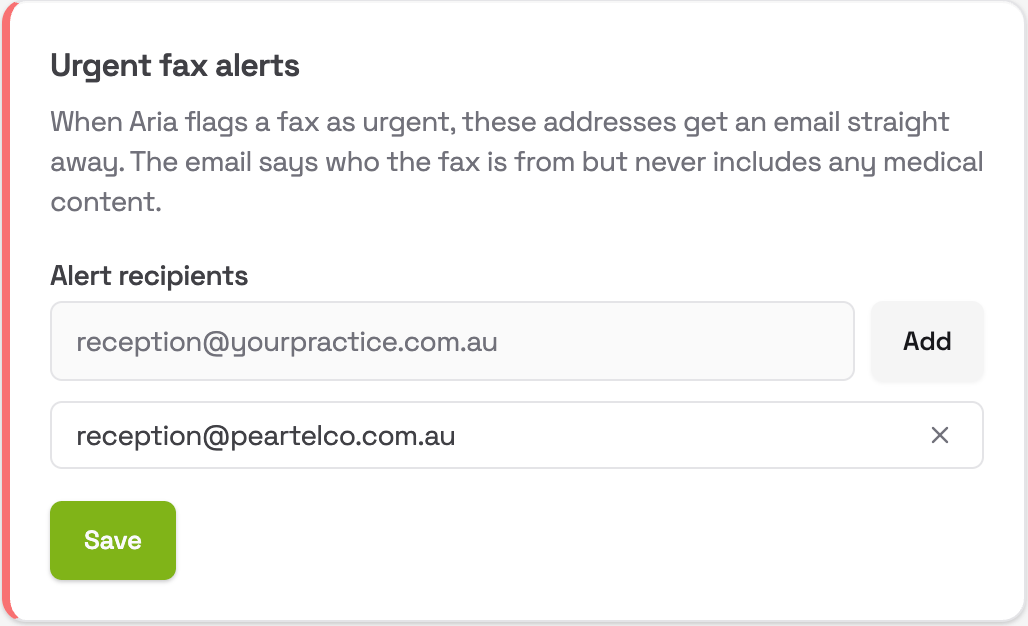 Urgent fax alerts card with an alert recipients list