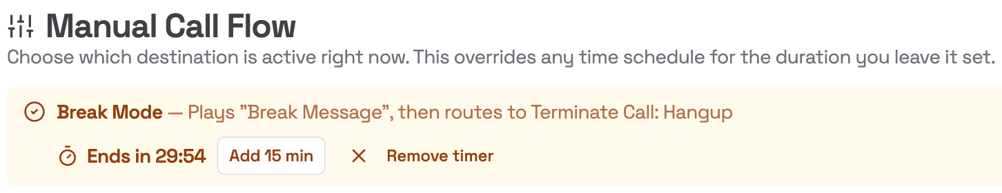 Manual Call Flow banner showing Break Mode active with Ends in 29:54, an Add 15 min button and Remove timer