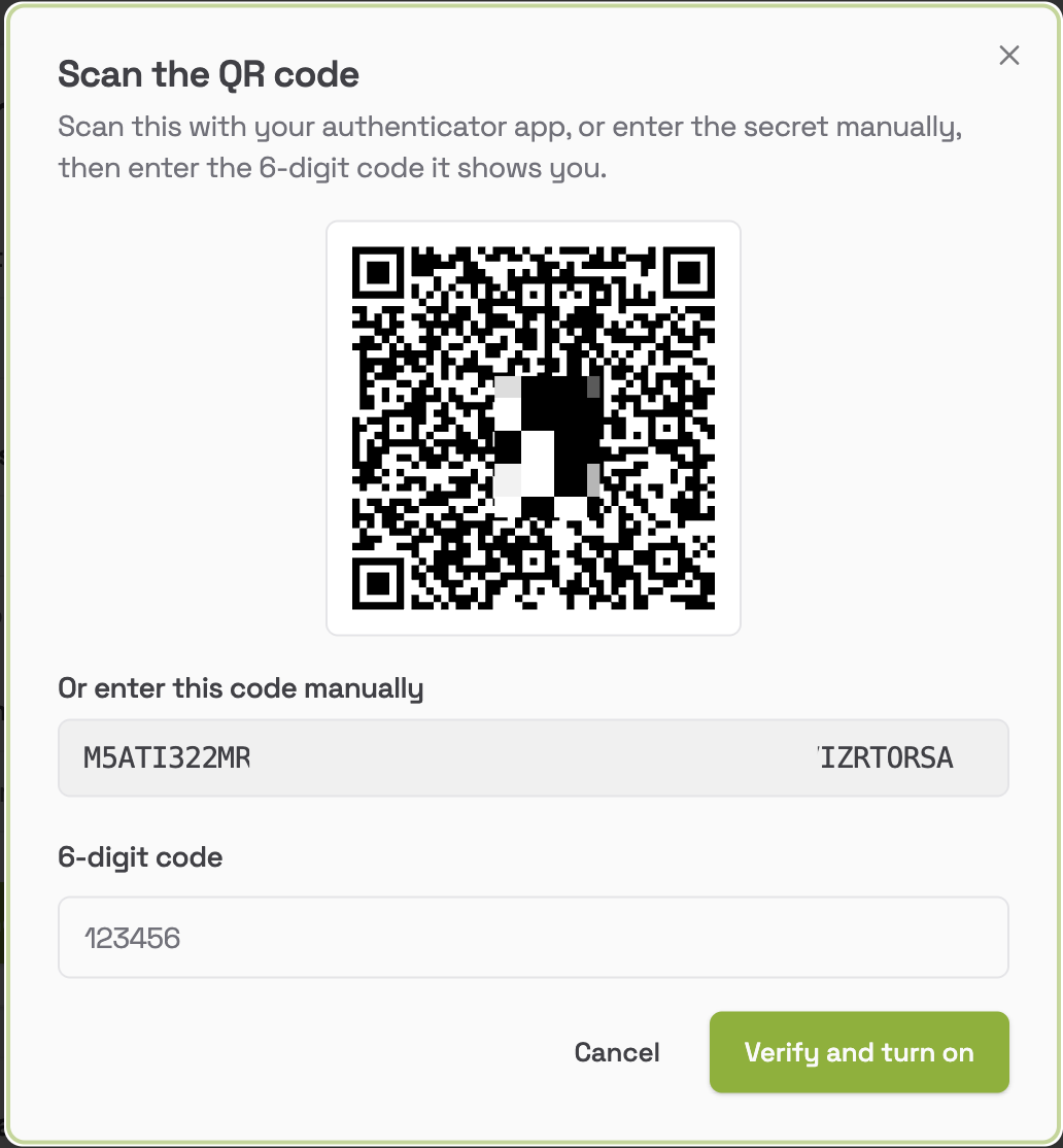 Scan the QR code dialog showing a QR code, a code to enter manually, a six-digit code field, and Verify and turn on