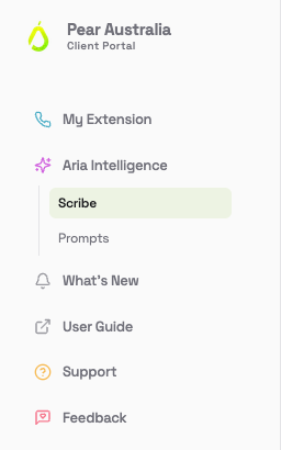 Left menu with Aria Intelligence open, showing Scribe and Prompts underneath