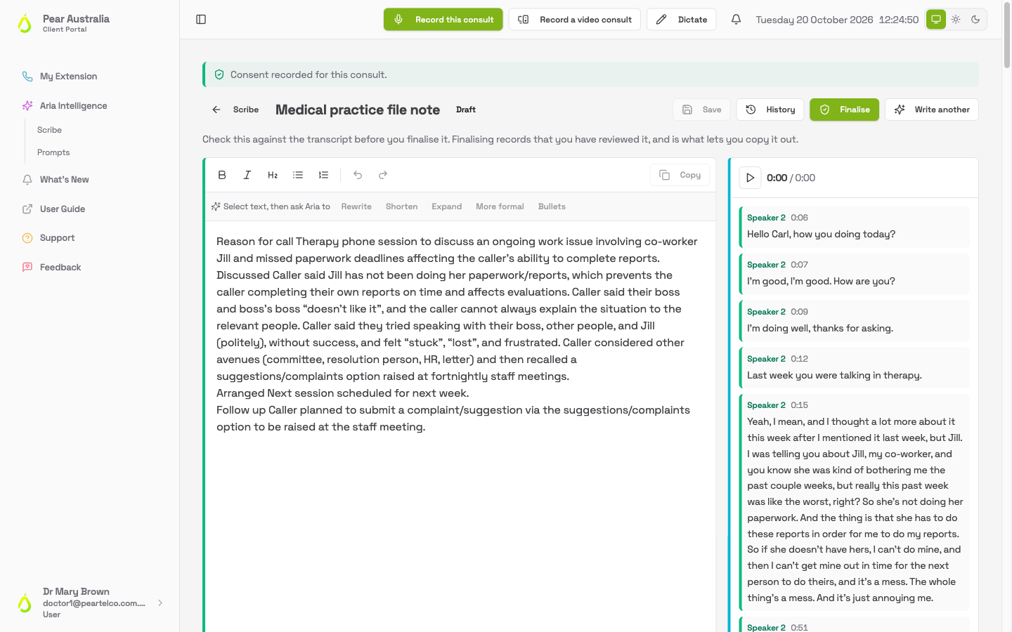 A draft Medical practice file note in the editor, with Save, History, Finalise and Write another at the top and the transcript on the right