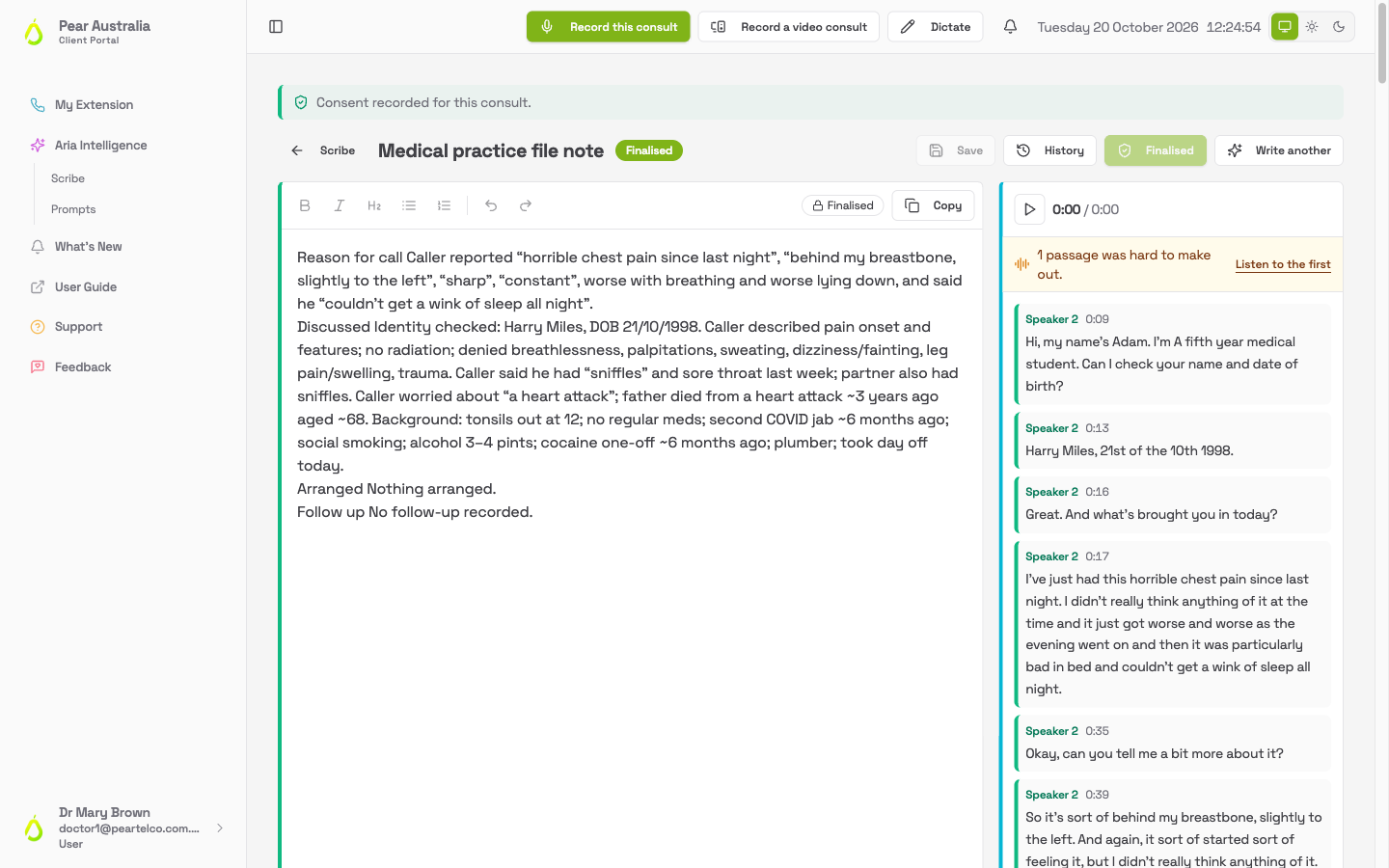 A finalised Medical practice file note with a green Finalised badge, the text read only and the Copy button available