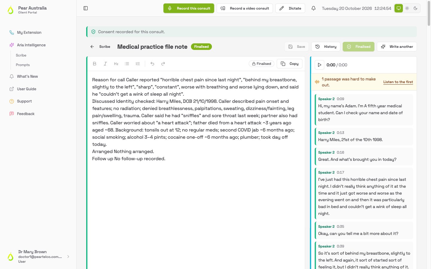 A finalised Medical practice file note with a green Finalised badge, the text read only and the Copy button available
