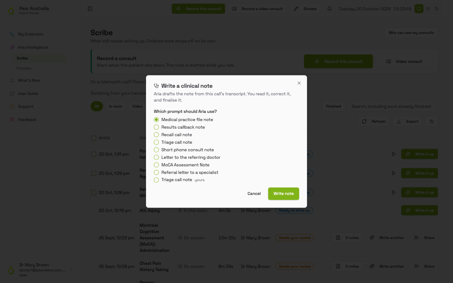 Write a clinical note window asking Which prompt should Aria use, listing the practice's prompts and one marked yours, with Cancel and Write note