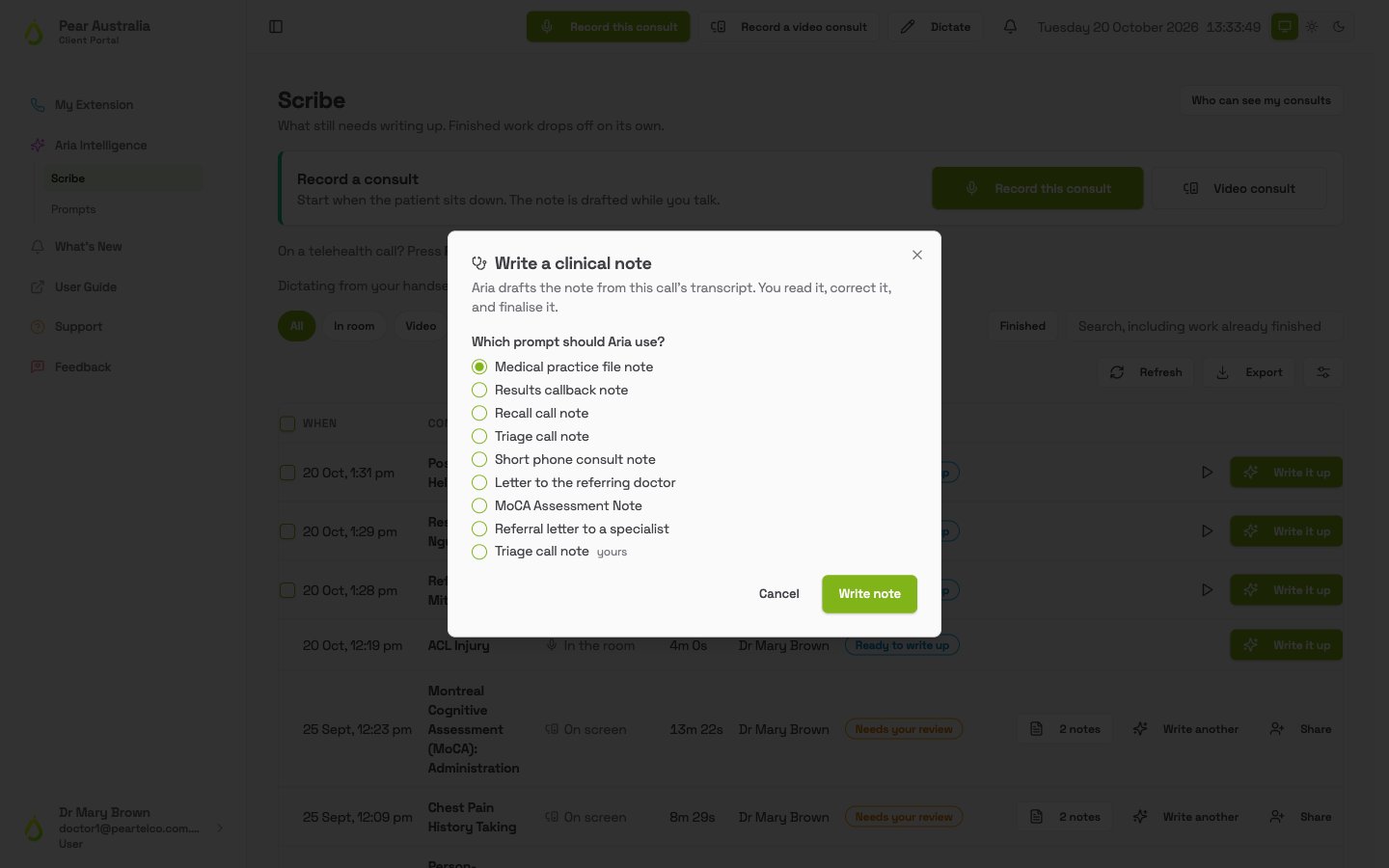 Write a clinical note window asking Which prompt should Aria use, listing the practice's prompts and one marked yours, with Cancel and Write note