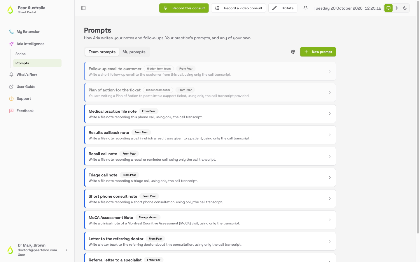 Prompts page with Team prompts and My prompts tabs, a New prompt button, and the practice's prompts listed with From Pear labels