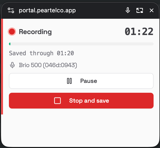 Small floating recording window showing Recording, the timer, Saved through, the microphone, Pause and Stop and save